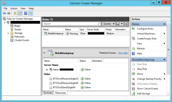 Resources of a role in Failover Cluster Manager.