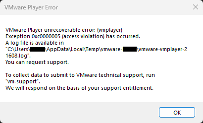 VMware Player Error 0xc0000005