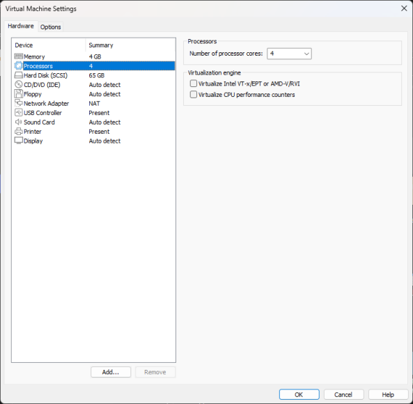 Turn off virtualization settings in VMware Player 16