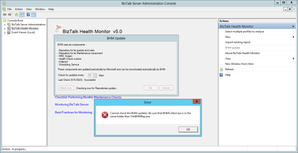 Example of an error that may occur when the BHM installation has been corrupted.